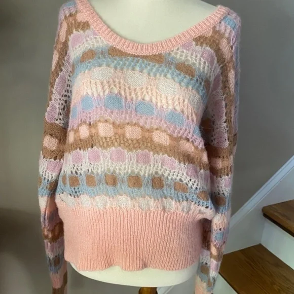 Anthropologie Lineamaglia Pink Crochet Sweater M/L - Picture 8 of 13